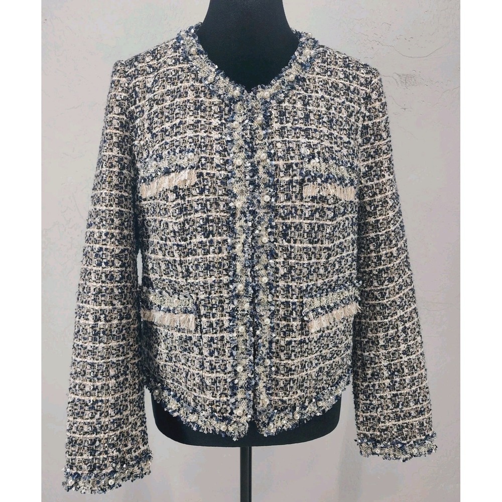 Stella + Lorenzo Womens Small Navy Blue Tweed Pearl Trim Fringed Jacket Blazer‎